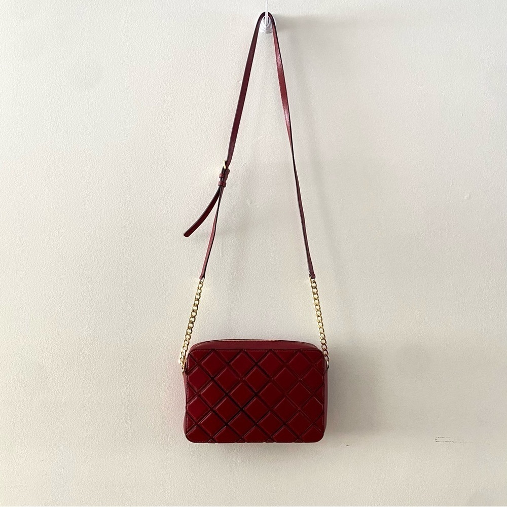 MICHAEL KORS Wine Red Jet Set East West Travel Grid Crossbody Bag Chain Strap